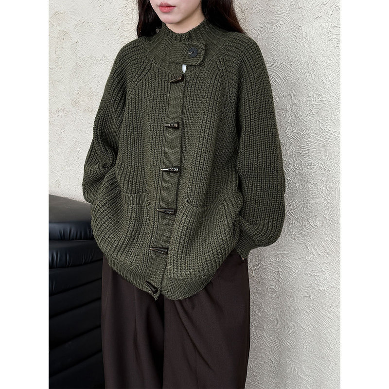Lushi French Thick Knitted Retro Lazy Style Sweater Jacket for Women 2025 Autumn and Winter Horn Button Cardigan Ss880