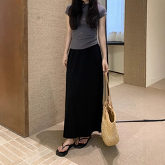 リアルショットモーダルドレープブラックスリットロングスカート女性の夏の怠惰なスタイル弾性ウエストストレートスリムスカート