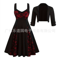 国境を越えた欧米の大きいサイズの婦人服の暗黒系のバラのレースのプリントのガーターの気質のワンピースのカーディガンの2つのセット