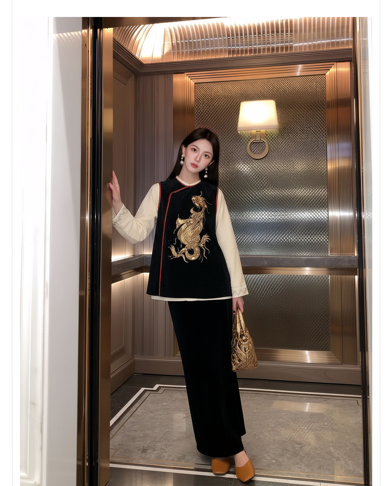 Bộ áo khoác không tay và chân váy nữ phong cách tân cổ điển thêu hoa — Đen nửa váy, Áo khoác đen chi tiết 11