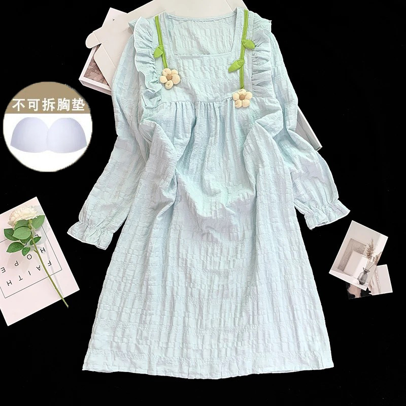 Pijamas de Manga Larga para Otoño e Invierno con Relleno en el Pecho para Mujer, Estilo Coreano 2025, Lindo Traje con Flores Pequeñas, Ropa de Dormir para Estudiantes