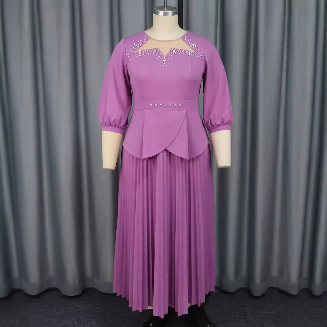 Women's Clothing large size lotus leaf two piece dress fashionable perspective collar party dress dress_voghion.com