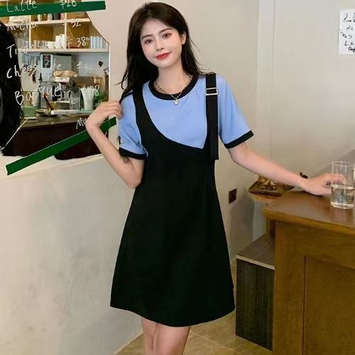 plus size chubby girl Summer dress New Niche Design Sense Stitching Contrast Color Fake Two-piece Flesh Covering Slim Dress for Women plus size chubby girl Summer dress New Niche Design Sense Stitching Contrast Color Fake Two-piece Flesh Covering Slim Dress for Women