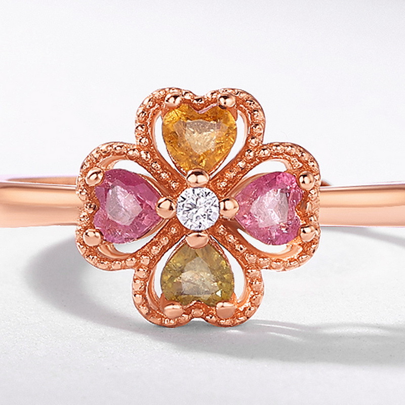 Estilo transfronterizo, lujo ligero, moda, trébol de cuatro hojas de la suerte, anillo de turmalina natural S925, anillo abierto de oro rosa con incrustaciones de plata