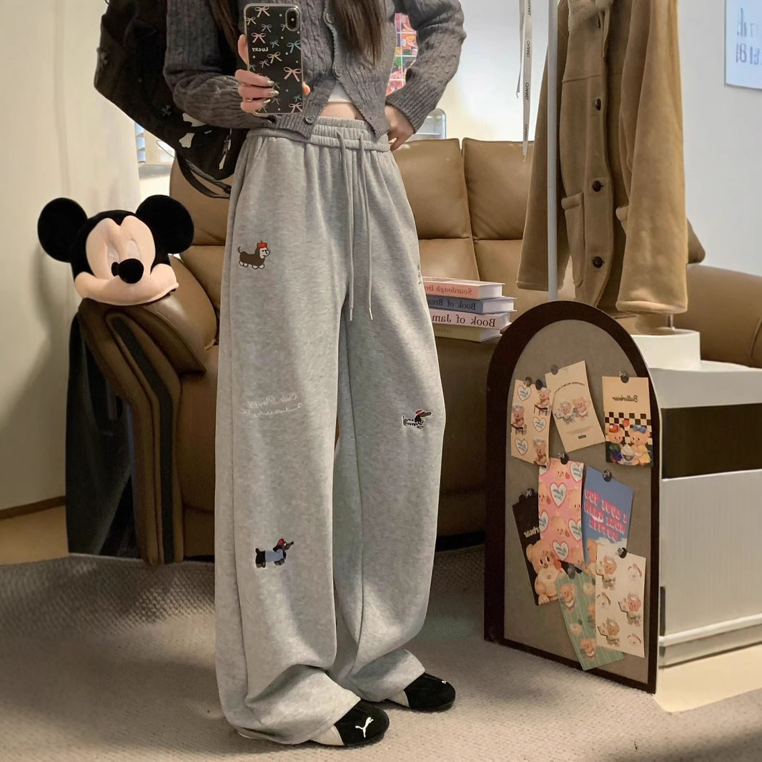 好质量秋冬新款加绒加厚刺绣卡通图案卫裤松紧腰休闲女裤一件代发