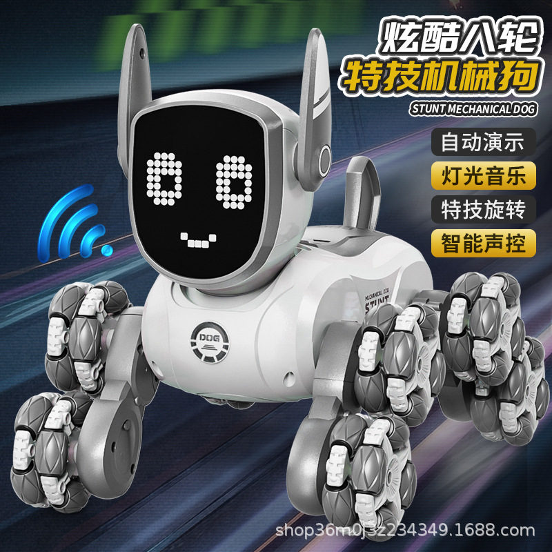 Nuevo niño inteligente control de voz eléctrico de ocho ruedas inteligente control remoto robot perro juguete reloj de inducción truco coche de control remoto