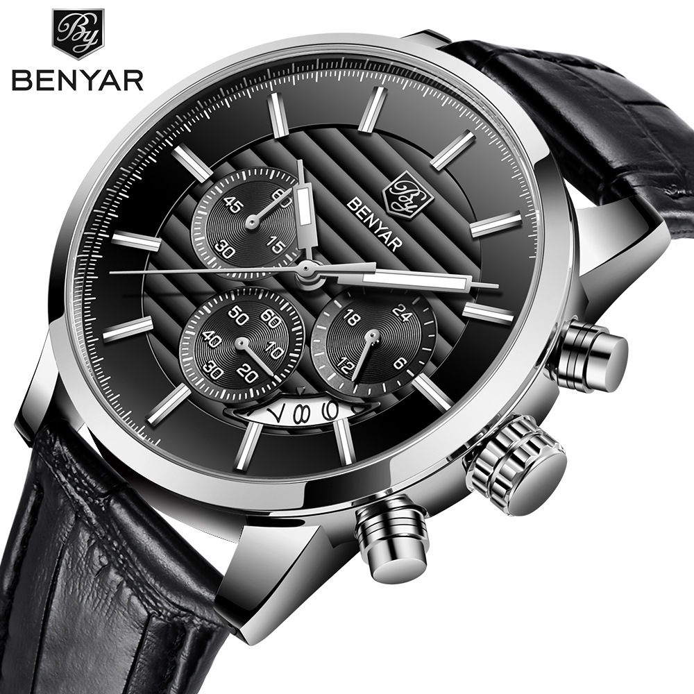 BENYAR Binya reloj de negocios de los hombres de cuarzo explosión transfronteriza de seis Pines de moda de cuero calendario multifunción Mesa 5104