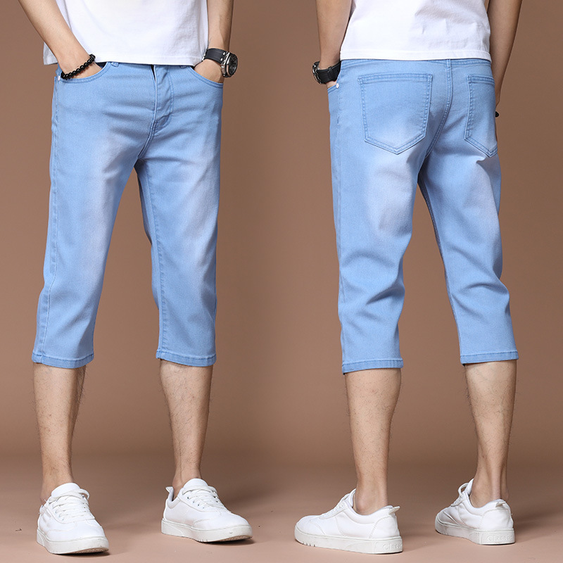 Light Blue Denim Capri Pants Men's Trendy Brand Soft Trendy Brand Stretch Casual Mid-length Pants Loose Straight Capri Pants for Men