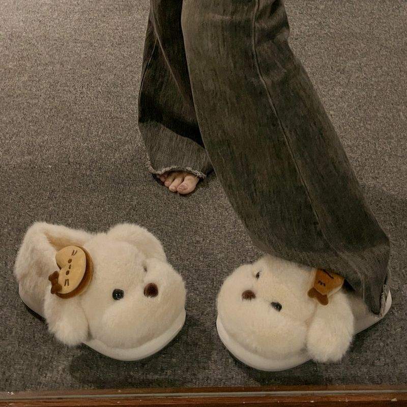2025 New Autumn and Winter Thick-Soled Cartoon Puppy Style Closed-Back Plush Cotton Slippers for Women, Versatile and Warm Snow Boots