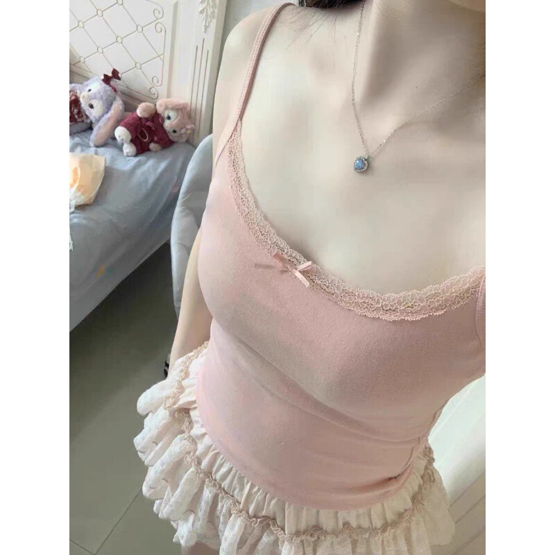 Pure Desire Style Lace Camisole Women's Spring and Summer Slim Bow with Chest Pad Inner Wearing Spice Girl Bottoming Top