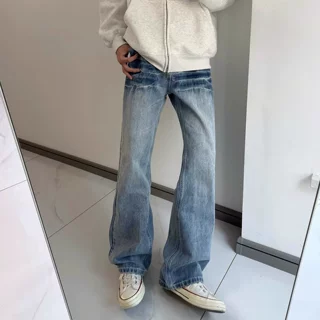 小个子美式复古低腰微喇叭牛仔裤设计感直筒宽松显瘦情侣装阔腿裤