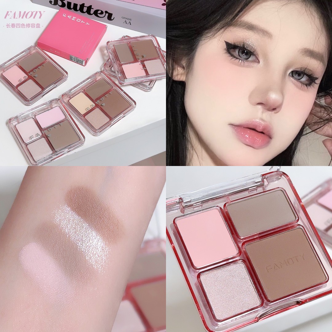 Reparando la placa de rubor de cuatro colores en uno de alto brillo FAMOTY maquillaje sombra de la nariz mate ilumina el color de expansión nacarado
