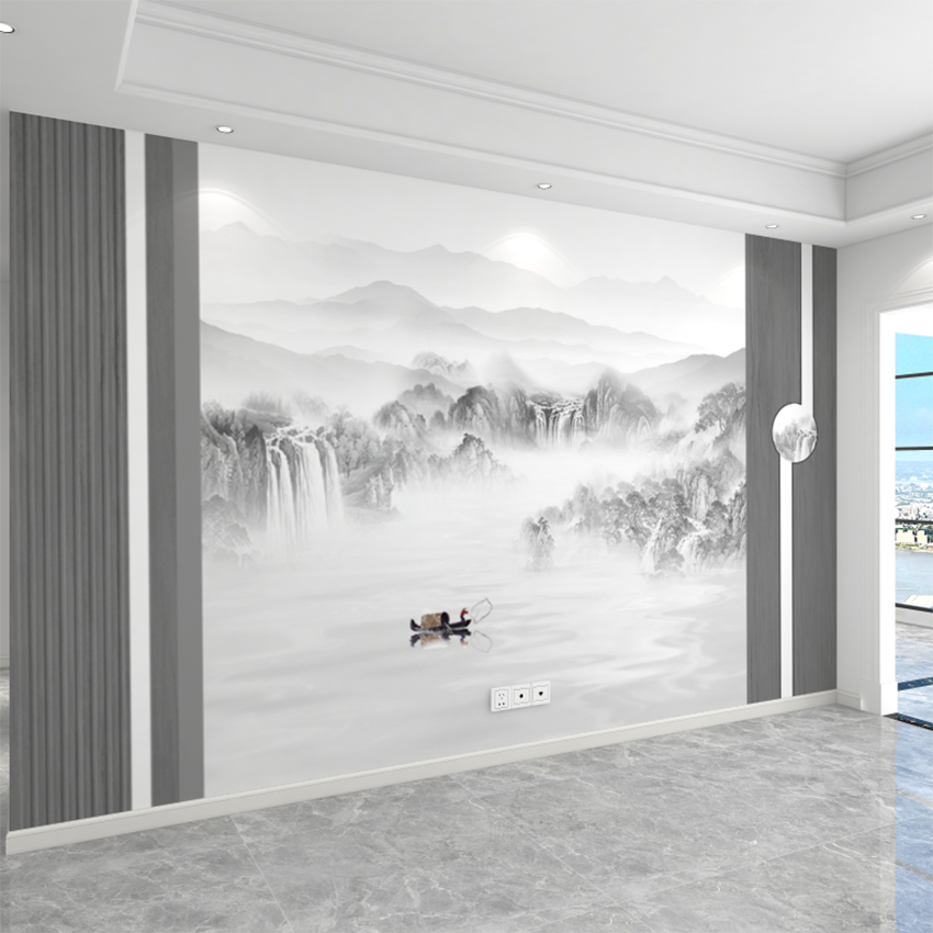 新中式淡雅意境水墨山水墙纸大气客厅沙发电视背景墙壁纸无缝墙布