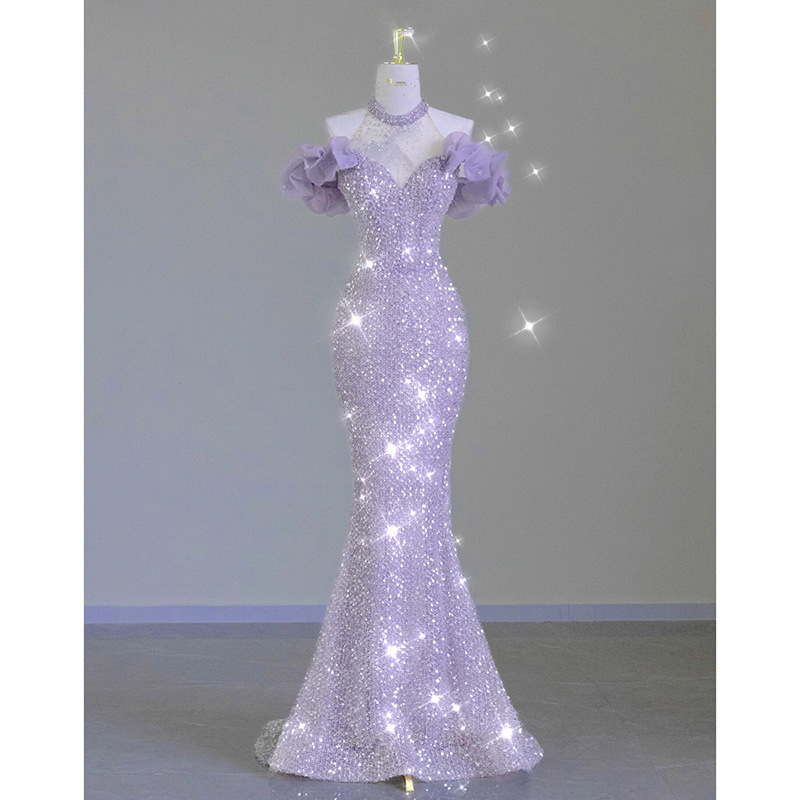 Women's High-End Purple Fishtail Host Dress for Banquets, 2026 New Model, Elegant Halter Neck Evening Gown