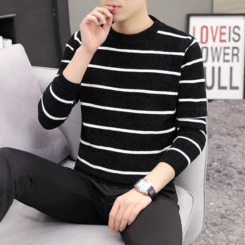 Foreign trade men's autumn and winter new pullover round neck color matching striped chenille long sleeve sweater men's casual sweater