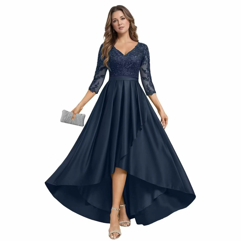 European and American plus-size V-neck lace evening dress with three-quarter sleeves, satin front and long back, elegant dress for wedding banquet and party European and American plus-size V-neck lace evening dress with three-quarter sleeves, satin front and long back, elegant dress for wedding banquet and party