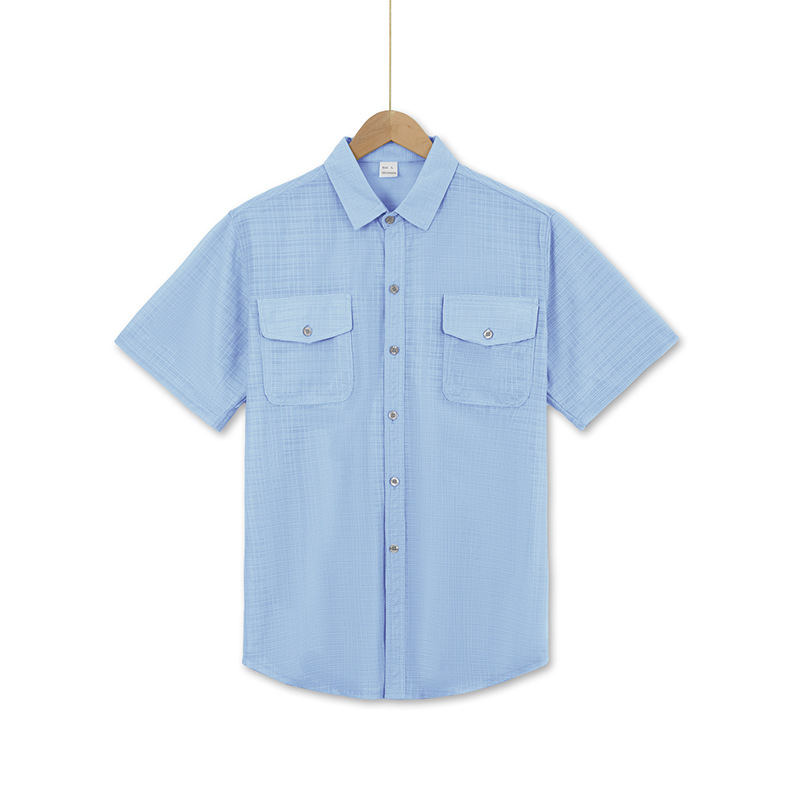 Men's Summer Shirt Double Pocket Solid Color Short Sleeved Shirt Casual Vacation Lapel Shirt_voghion.com