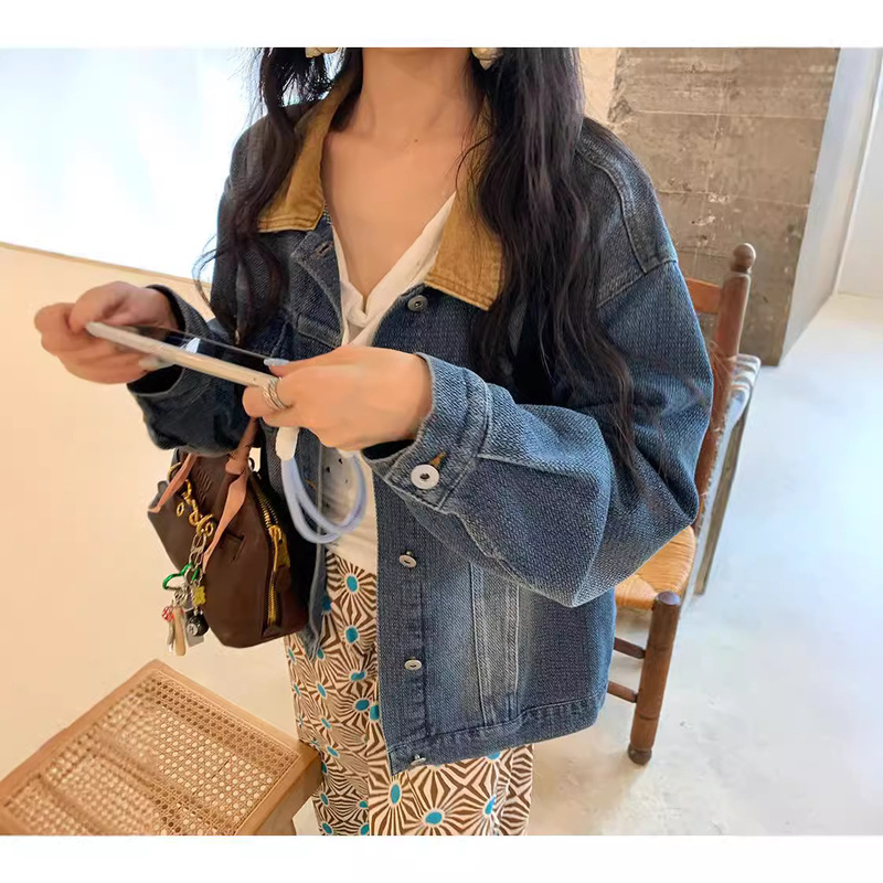 VC Dallas downtown Contrast Color Collar Frock Inverted V Denim Jacket 2024 Autumn New