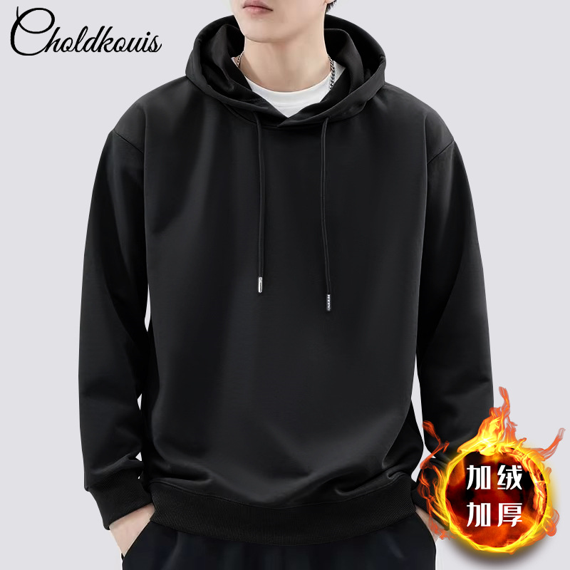 블랙 후드 스웨트셔츠와 벨벳 스타일 - 솔리드 컬러 [GL]