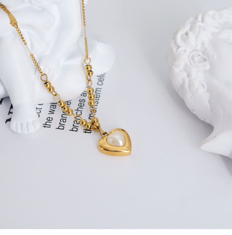 Fashion Heart Shape Titanium Steel Inlay Pearl Pendant Necklace 1 Piece