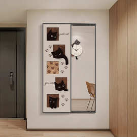 侘寂风入户玄关穿衣镜装饰画隐形镜子挂画卧室隐藏式全身镜可推拉