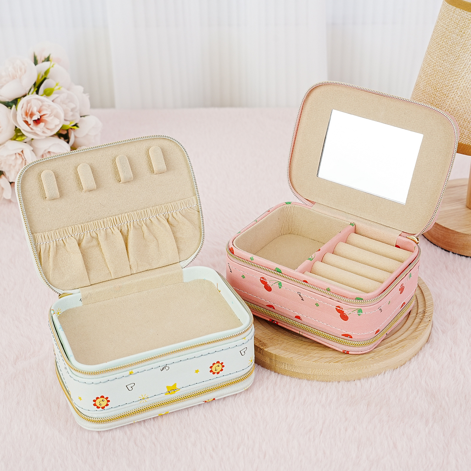 Impresión de doble cremallera caja de joyería anillo perno pulsera con espejo bolsa de joyería portátil con cremallera