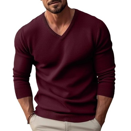 Cross-border Autumn/Winter Foreign Trade Men's Knitted Sweater—V-Neck, Slim-Fit, Solid Color, Long-Sleeved Sweater for Men—Men's Pullover Base Layer Top
