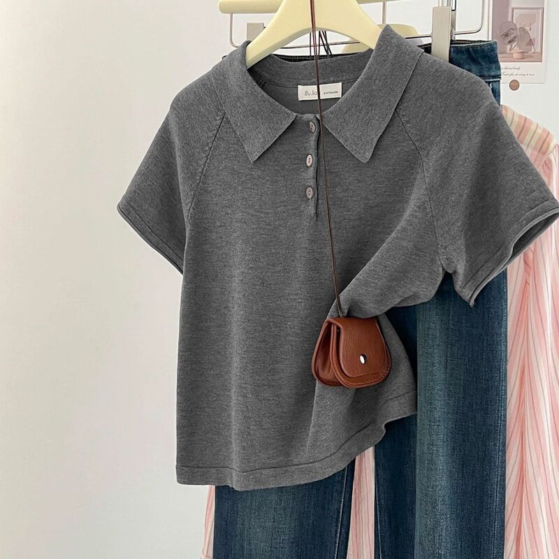 40-Count Combed Cotton Short-Sleeve T-Shirt for Women, Petite Size, Loose Fit, Polo Collar, Summer, Covers the Body, Plus Size, Sleeveless Top 40-Count Combed Cotton Short-Sleeve T-Shirt for Women, Petite Size, Loose Fit, Polo Collar, Summer, Covers the Body, Plus Size, Sleeveless Top