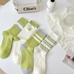 條紋襪子女夏季薄款中筒襪綠色系涼感棉學院風雙針棉襪諸暨批發