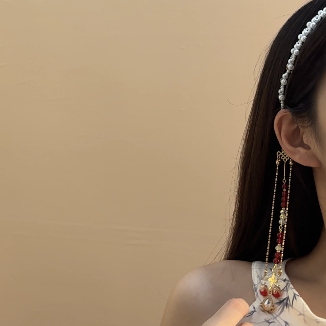 2026 New Model Qingwan Zhiyu Chinese Style Pearl Tassel Hair Chain Multi-layer Red Bead Gilt Tassel Headband