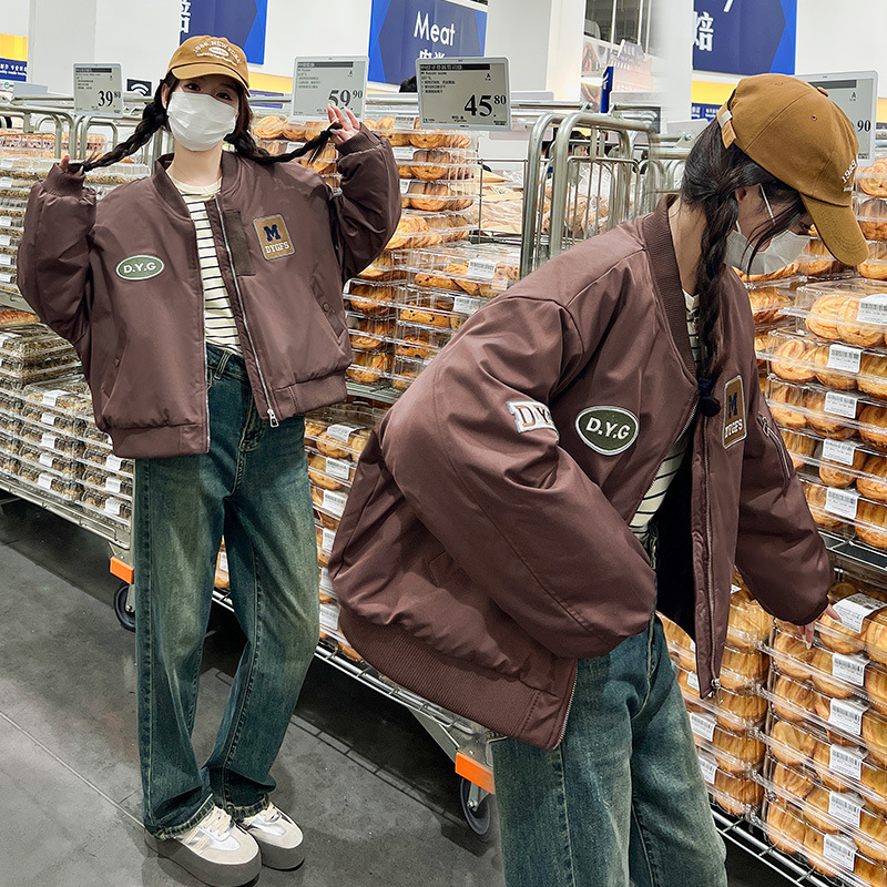 短款棉服复古刺绣贴标棉服防寒保暖宽松羽绒棉服少女学生棉袄