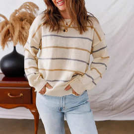 2025年欧美独立站跨境新款女士休闲彩色条纹套头长袖宽松毛衣