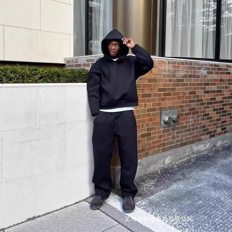 2026 Cross-Border Spring Hot-Selling Air Layer Fluffy Hooded Sweatshirt Men's Trendy Pants Set