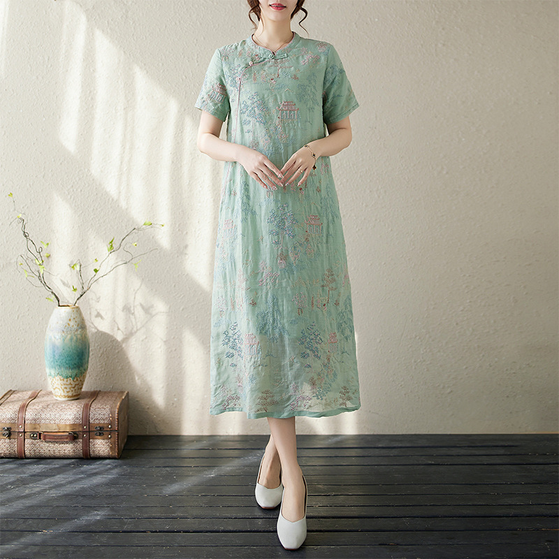 Neues, modernisiertes Cheongsam im chinesischen Stil mit hochwertigem Touch, Sommerkleid 2026 aus besticktem Baumwoll-Leinen-Gemisch_voghion.com
