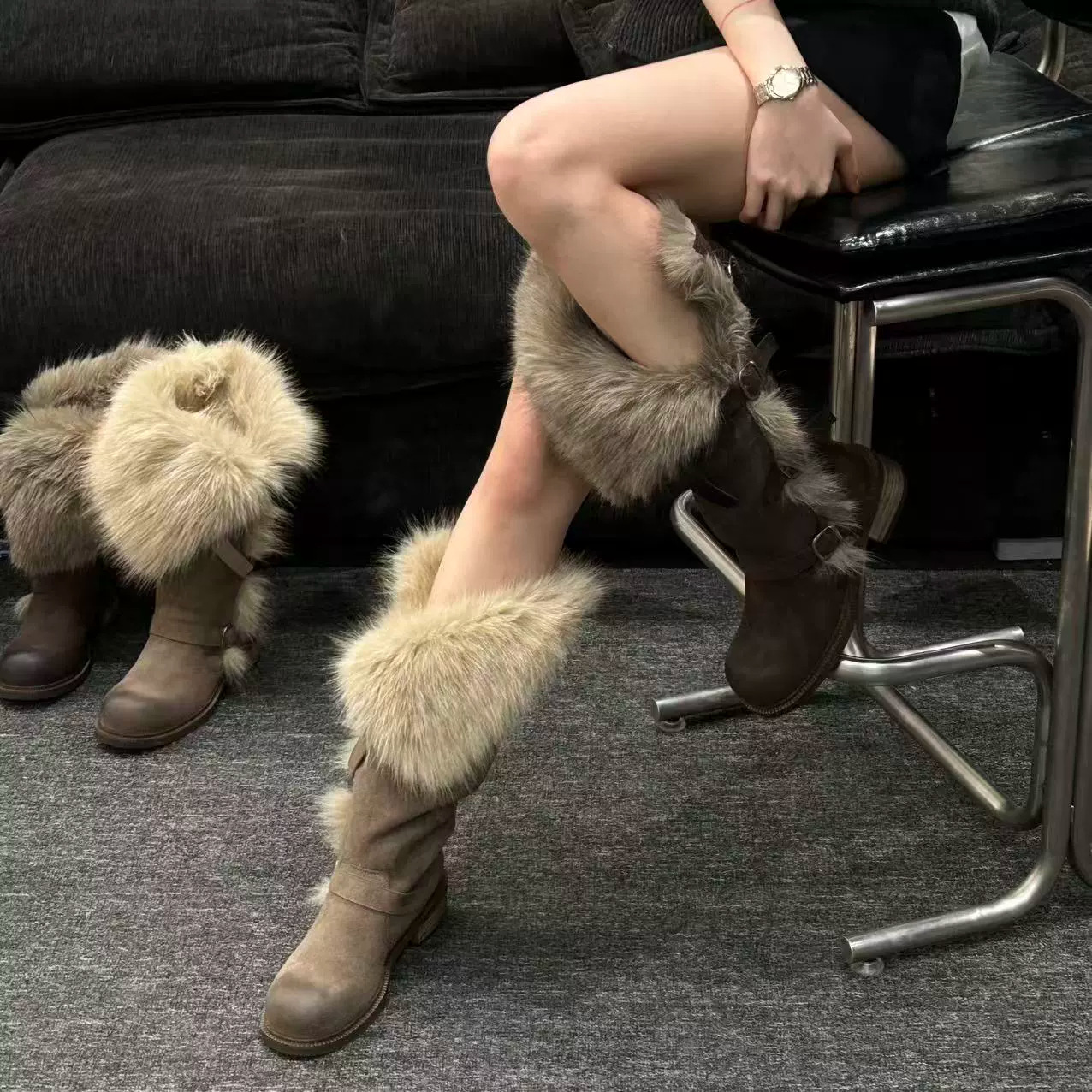 雪地靴女中筒加厚加绒狐狸毛真皮棉鞋皮草冬季保暖靴子貉子毛