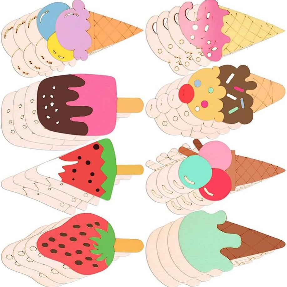 Verano DIY inacabado niños pintura helado artesanía madera chip en blanco graffiti Tarjeta de madera helado adornos