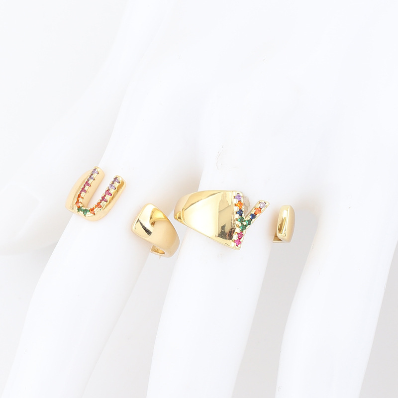 Fashion Letter Copper Open Ring Plating Artificial Gemstones Copper Rings