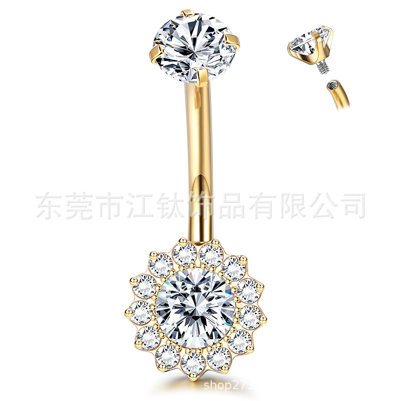 G23 Titanium Belly Button Ring Sunflower Inlaid Stone Cross Piercing Jewelry detail image 12