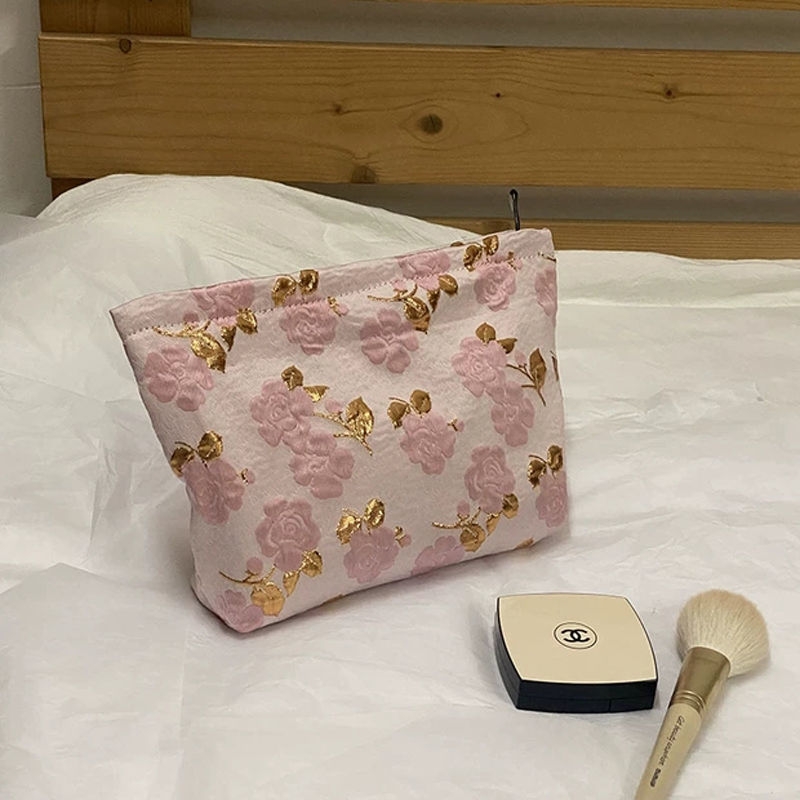 Cosmetic Bag Women's Large Capacity Portable Purple Flower Fresh Ins Storage Bag Wash Bag Elegant Jacquard Storage Bag