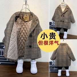 2025韩版双面呢大衣男女儿童夹棉毛呢宽松大摆外套中长款格子风衣