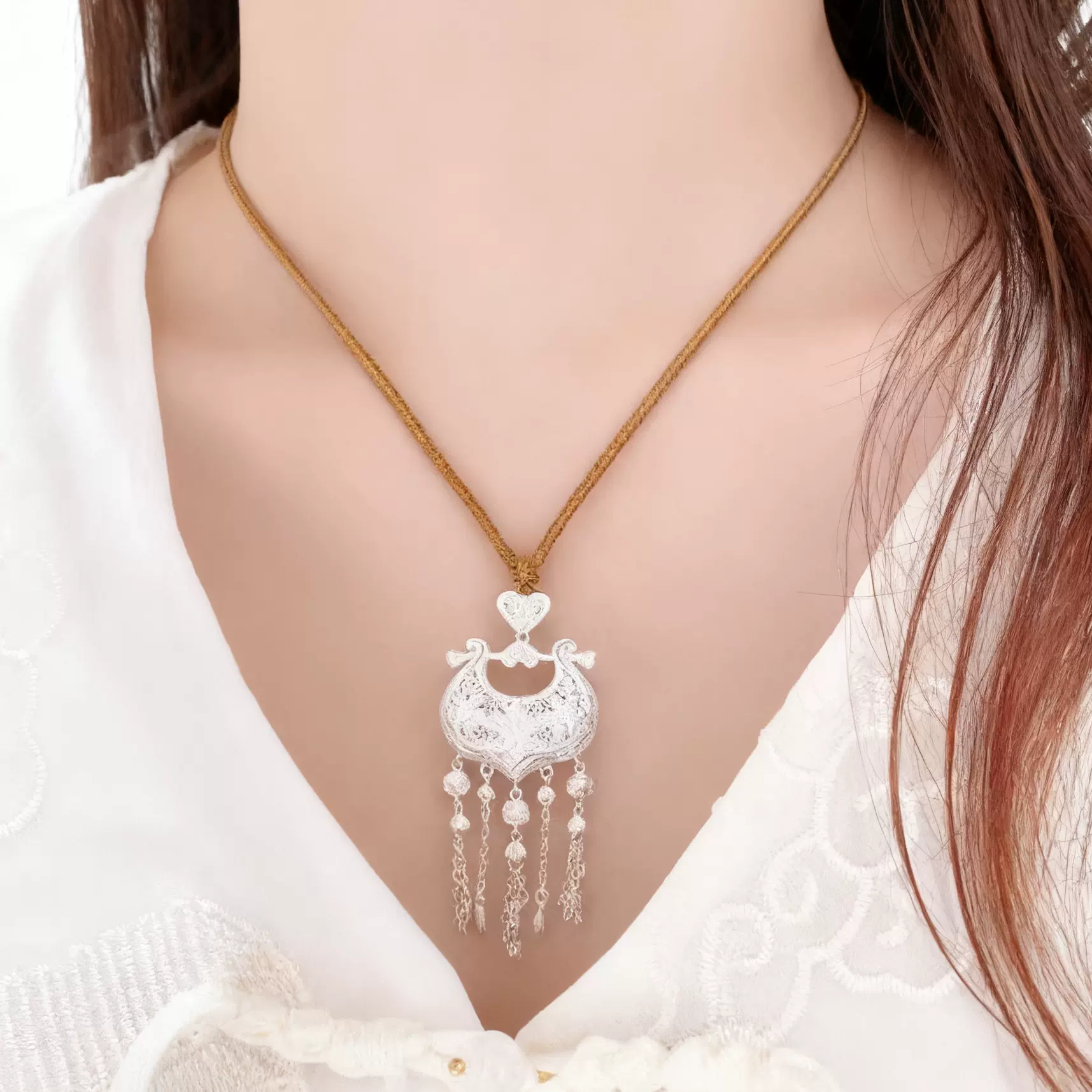 8855号足银990古法花丝如意流苏锁包吊坠项链新中式百合花长命锁