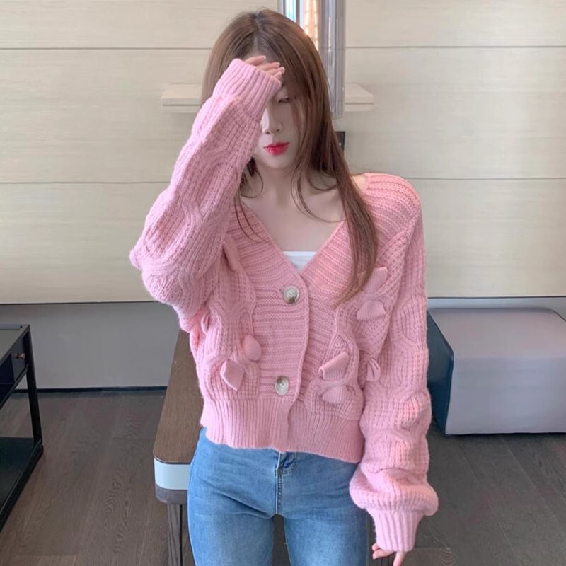 Three-dimensional Bow Spring and Autumn New Short Sweater Cardigan Jacket Women's Sweet Loose Outer Wear Knitted Shirt Top for Women