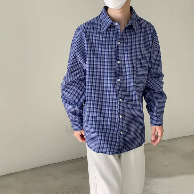2026 new spring and summer plaid shirt, long-sleeved, with a collar, in a Hong Kong style, loose and casual, suitable for students, men, and women, and couples