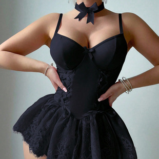 European and American Foreign Trade New Style Retro Pure Desire Sexy Deep V-Neck Lace Dress Lingerie