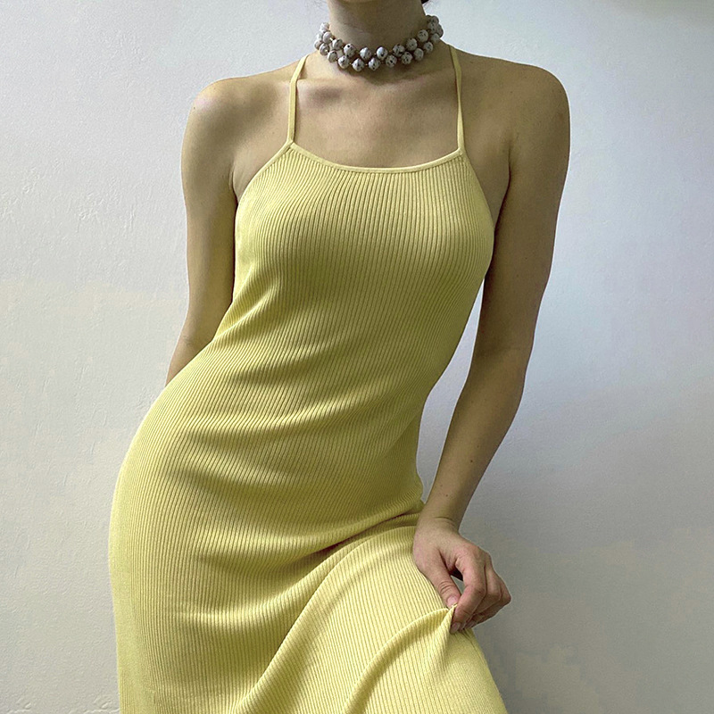 backless suspender sleeveless long slim solid color dress NSHLJ133836