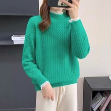 蕾丝边半高领水貂绒毛衣女秋冬新款加厚保暖洋气女针织衫上衣新款