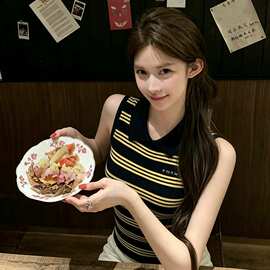 藏青黄条纹领无袖针织背心女胸口修身显瘦内搭图片色均码其他