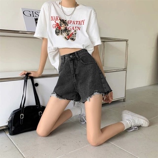 破洞牛仔短裤女夏薄款设计感高腰显瘦宽松百搭阔腿辣妹a字热裤子