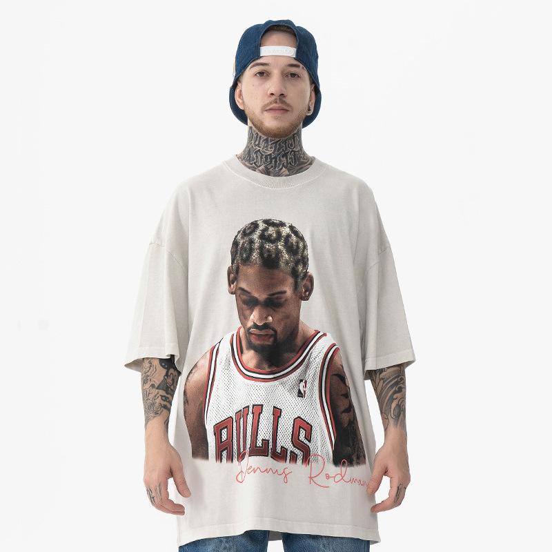 Ropa para Hombre FG | Camiseta de Manga Corta con Estampado de Rodman, Estilo Retro Europeo y Americano, Lavada y Desgastada, Nueva Tendencia Primavera/Verano 2025