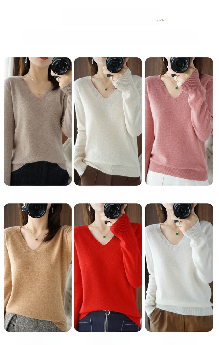 Rudens un ziemas jauns trikotāžas sieviešu V veida kakla izgriezuma garām piedurknēm džemperis, vienkrāsains korejiešu stila brīva apakšdaļas krekls, slaidinošs, plāns virsdrēbes apģērbs_voghion.com